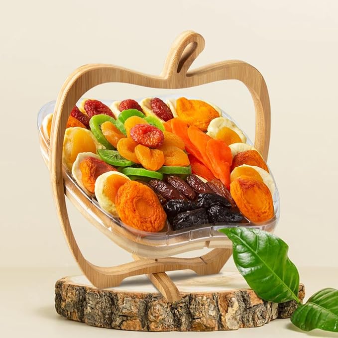 Oh! Nuts Dried Fruit Gift Basket - Gourmet Gift Baskets - Holiday Healthy Assortment Dried Fruits Gift Box - Crafted in the USA - Wooden Apple Shape Gift Tray - (Sunset Orange)