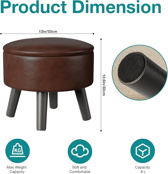 Small Foot Stool Ottoman with Storage, Faux Leather Ottoman Foot Rest for Couch, Round Footstool Ottomans for Living Room (Brown)
