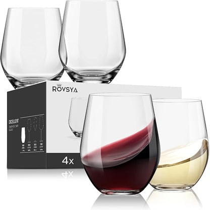 Stemless Wine Glasses Set of 4, Red White Wine Glasses, No Stem, Clear, 15oz, Premium Crystal Sturdy Drinking Glass for Daily Use, Birthday, Wedding, Home Party, Anniversary, Shower Gift