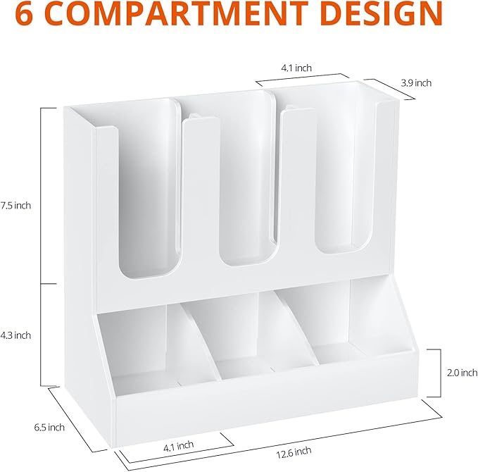 Richboom Cup and Lid Organizer, 6 Compartments with 2 Removable Dividers Coffee Station Countertop Cup Dispenser Condiment Organizer Accessories Caddy for Breakroom, Office, Home - White