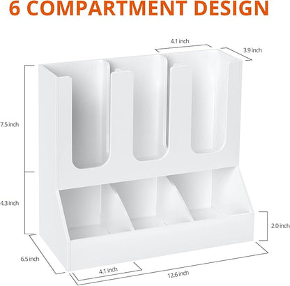 Richboom Cup and Lid Organizer, 6 Compartments with 2 Removable Dividers Coffee Station Countertop Cup Dispenser Condiment Organizer Accessories Caddy for Breakroom, Office, Home - White