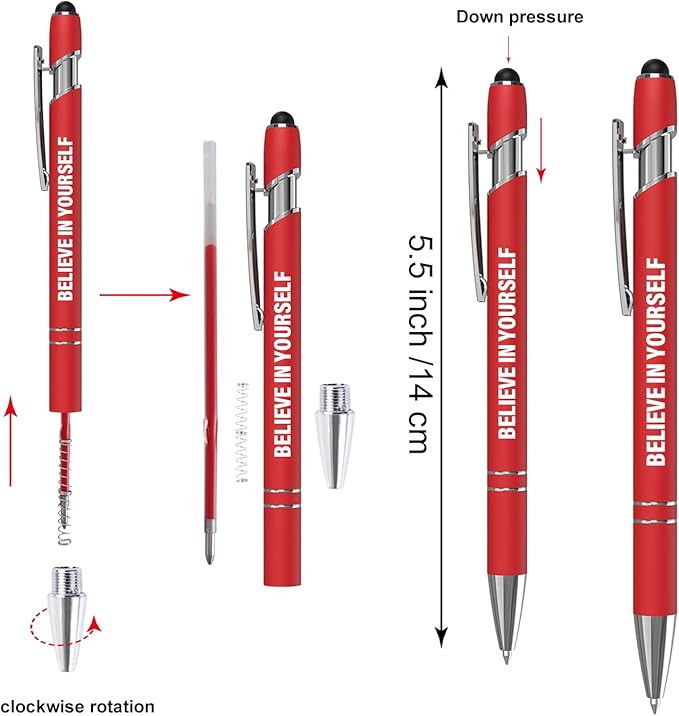 12 Pcs Red Fine Point Ballpoint Pens with Motivational Quotes and Stylus Tips