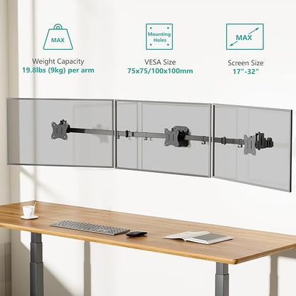 WALI Triple Monitor Wall Mount for 32" Screens，Each Arm Holds up to 19.8 lbs.Swivel Tilt Curved Wall Mount with Mounting Holes 75x75/100x100mm.(013ARMN), Black