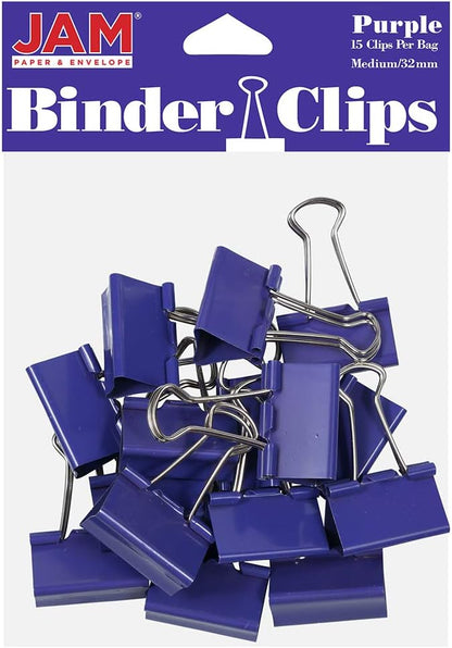 JAM PAPER Colorful Binder Clips - Medium - 1 1/4 Inch (32 mm) - Purple Binderclips - 15/Pack