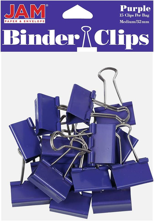 JAM PAPER Colorful Binder Clips - Medium - 1 1/4 Inch (32 mm) - Purple Binderclips - 15/Pack