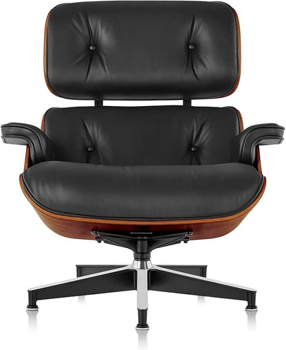 Mid Century Chaise Lounge Chair with Ottoman, Top Black Grain Leather, Modern Office Chair Classic Design, Heavy Duty Base Support for Living Room Study Lounge Office