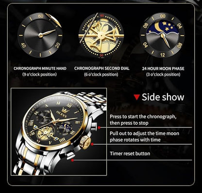 OLEVS Watches Men Waterproof Luxury Big Face Mens Watch Stainless Steel Quartz Analog Dress Watches for Men Luminous Multifunction Man Watch Relojes De Hombre