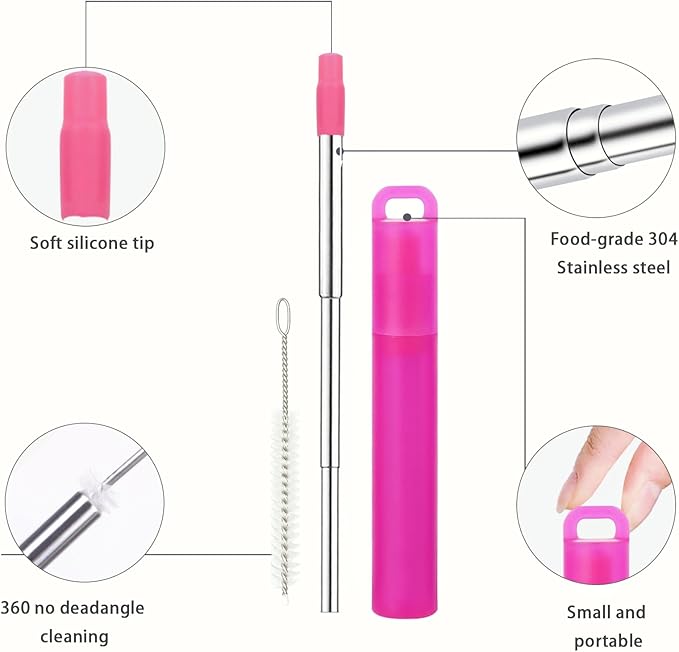 NAIVELY-Metal Reusable Straws 3 Pack Collapsible Portable Stainless Steel Drinking Straw Telescopic Travel Straw, with Case and Cleaning Brush Foldable Pocket Straws