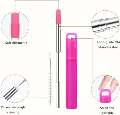 NAIVELY-Metal Reusable Straws 3 Pack Collapsible Portable Stainless Steel Drinking Straw Telescopic Travel Straw, with Case and Cleaning Brush Foldable Pocket Straws
