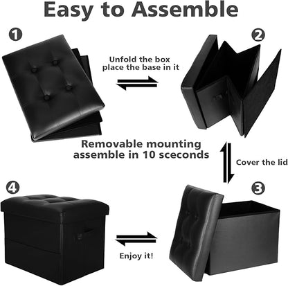 Storage Ottoman Foot Rest Stool with Thicker Foam Padded Seat. Foldable Leather Footstool Bench. Small Ottoman with Storage for Living Room Bedroom Coffee Table 350 lbs, 17x13x13in, Black.