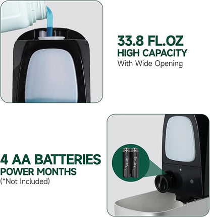 Commercial Automatic Soap Dispenser Large 34oz/1000ml Capacity Wall-Mounted Touchless Liquid Dispenser for High-Traffic Restrooms, Offices, Hospitals Model 1220S Silver