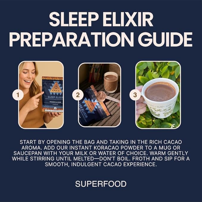 KORACAO Sleep Elixir Cacao Blend – Ceremonial-Grade Cocoa Drink with Magnesium, L-Theanine, Reishi, Melatonin & Ashwagandha – 300g (30 Servings) for Relaxation & Restful Sleep