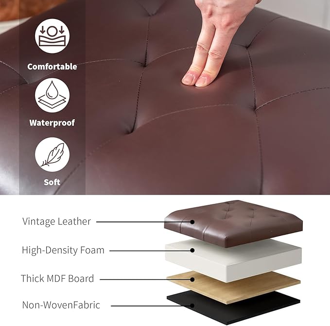 Adeco Bonded Leather Square Tufted Storage Footstool, 18" ottoman, Dark Brown