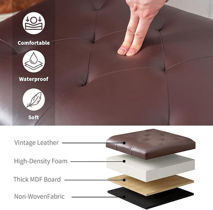 Adeco Bonded Leather Square Tufted Storage Footstool, 18" ottoman, Dark Brown