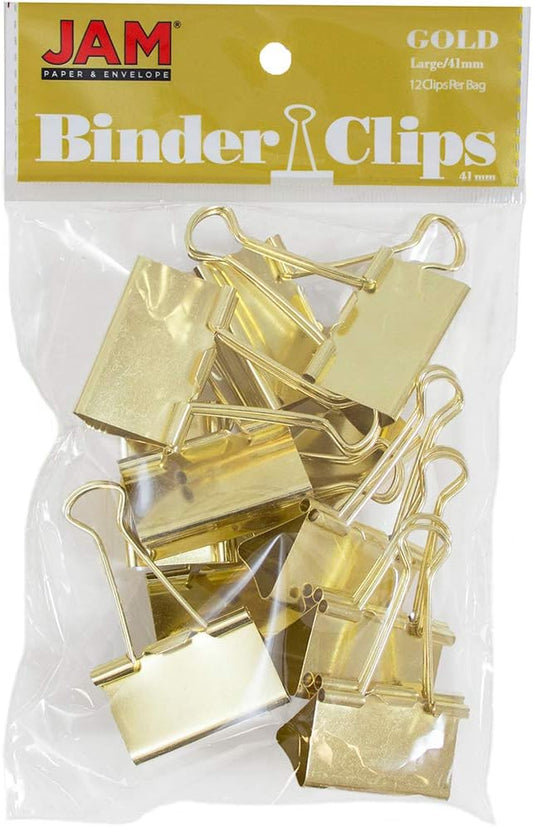 JAM PAPER Colorful Binder Clips - Large - 1 1/2 Inch (41 mm) - Gold Binderclips - 12/Pack