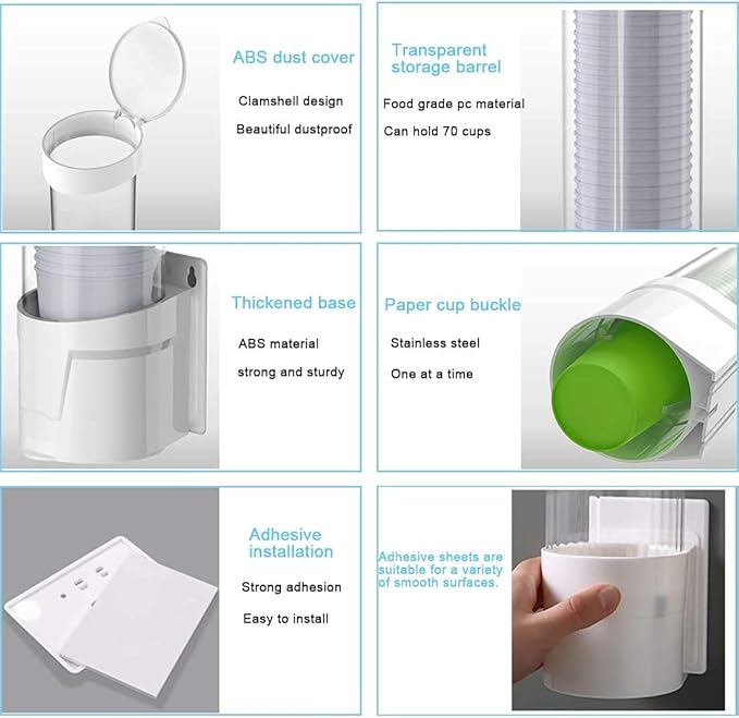 Cup Dispenser Wall Mounted Plastic Water Dispenser Disposable Cup Holder Rack, Paste or Screw Plate Mountable for Paper Cups Halloween Party Supplies(L, White)