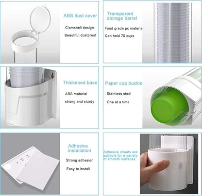 Cup Dispenser Wall Mounted Plastic Water Dispenser Disposable Cup Holder Rack, Paste or Screw Plate Mountable for Paper Cups Halloween Party Supplies(L, White)