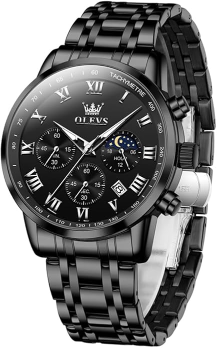OLEVS Mens Stainless Steel Chronograph Watch, Big Face Roman Numerals Date Analog Quartz Dress Watches for Men, Fashion Multifunctional Waterproof Luminous Hands Men's Wristwatch