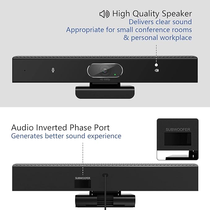 Conference Room Camera, 3-in-1, 1080p Full HD Webcam with Microphone and Speaker, USB Plug and Play, Wide Angle Video Conference Camera for Desktop, Laptop, Mac, PC (Black)