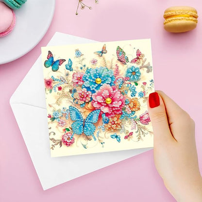 6pcs DIY Flower Butterfly Diamond Art Painting Greeting Cards Kit, Rhinestone Art Holiday Birthday Card Set with Envelopes, DIY Festival Craft for Girlfriend, Christmas Valentine Gift Making Supplies