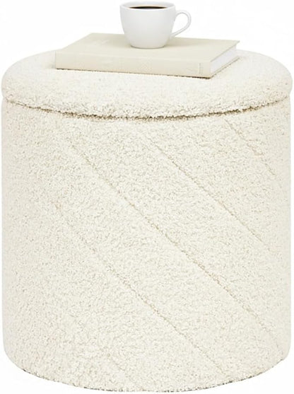 B FSOBEIIALEO Ottoman with Stroage, Boucle Round Storage Ottoman with Tray, Foot Rest Stool for Dorm Room, Living Room White, 12.99"x12.99"x13.78"