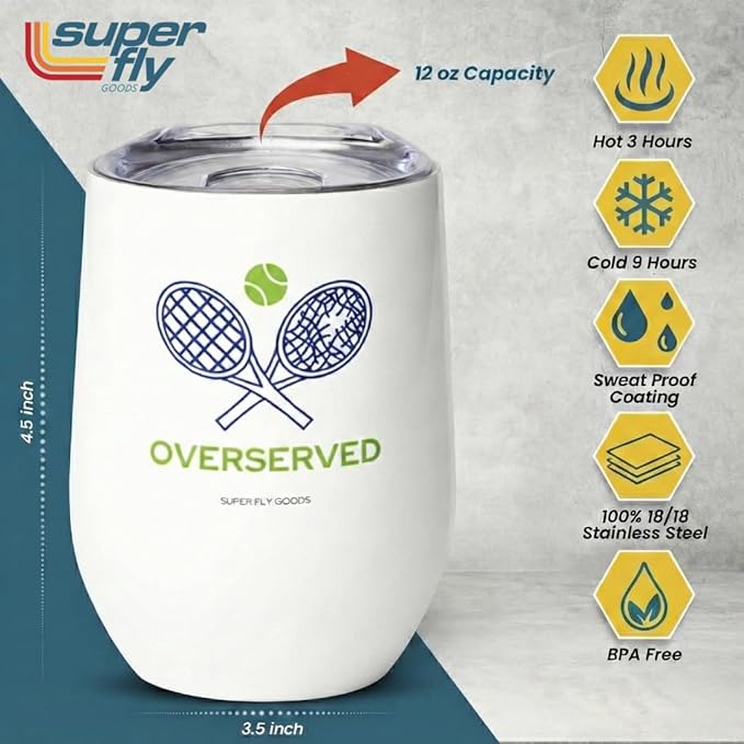 Super Fly Goods Tennis Lovers Premium Stainless Steel Insulated Travel Mug 12 oz, Leak-Proof, Keeps Beverages Hot or Cold for 12 Hours, BPA-Free, Ideal for Outdoor Activities, Gifts (Tennis)