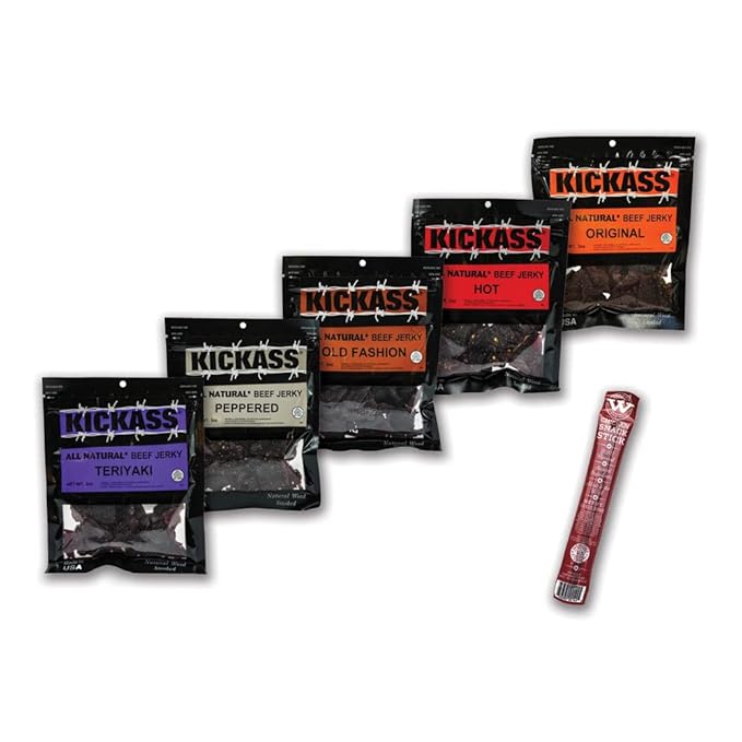 Kickass Beef Jerky Gift Baskets for Men - 5 Flavors in the Premium Beef Jerky Care Package - Father's Day Gifts for Men - Snack Packs - Gluten Free, Keto Friendly - 1 Bonus - (5 Pack)
