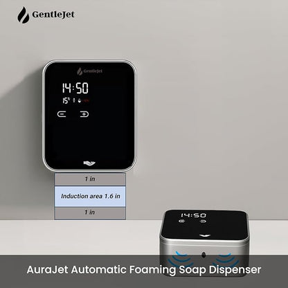 AuraJet Automatic Foaming Soap Dispenser, LED Display, Aluminum Alloy Body, 5 Foam Levels Adjustable, USB-C or Battery Powered, 16.2 oz Automatic Soap Dispenser Touchless Wall Mount