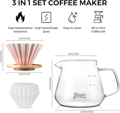 Bincoo 500ML Pour Over Coffee Maker Set with Filter Paper,Ceramic Coffee Dripper with Wood Stand Set for 1-2 Cups-Professional Brewing Tools for Pour Over & Drip for Home Office (Pink)