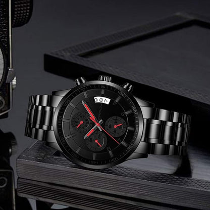 CRRJU Men's Fashion Stainless Steel Watches Date Waterproof Chronograph Wristwatches,Black Steel Band Waterproof Quartz Watch for Men