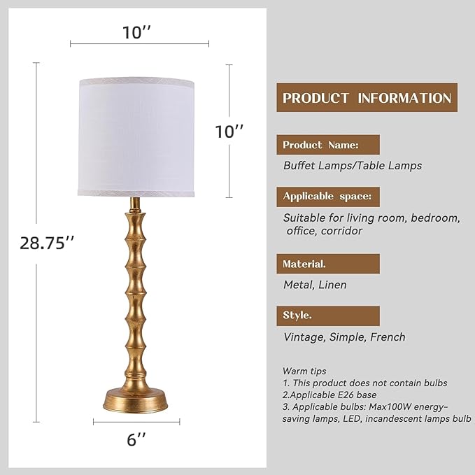 Gold Table Lamp Set of 2 Metal Bamboo Shape Base 29" Rustic Buffet Lamp with Linen White Shade Tall Nightstand Lamps Bedside Nightlights for Living Room Bedroom Guest Room