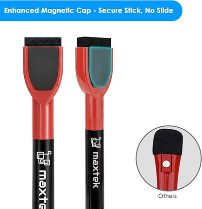 maxtek Magnetic Whiteboard Markers - 12 Count Red Fine Tip Dry Erase Markers with Eraser for Kids, Low Odor Thin Markers for Calendar Boards