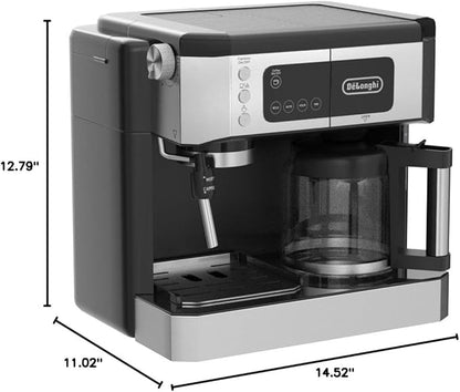 De'Longhi All-in-One Combination Coffee Maker & Espresso Machine + Advanced Adjustable Milk Frother for Cappuccino & Latte + Glass Coffee Pot 10-Cup, COM532M black