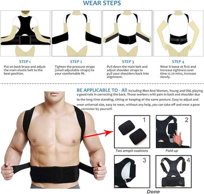 Thoracic Back Brace Posture Corrector - Magnetic Support for Neck Shoulder Upper and Lower Back Pain Relief - Perfect Posture Brace for Cervical Lumbar Spine - Fully Adjustable Belt (Black, Medium)
