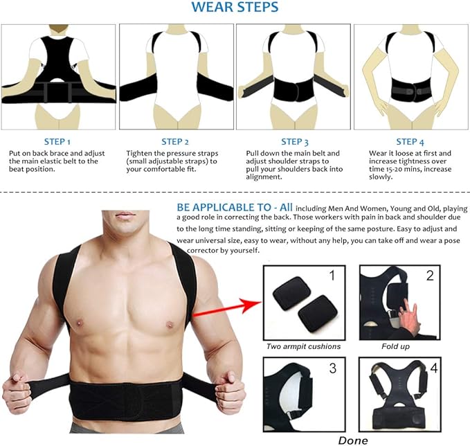 Thoracic Back Brace Posture Corrector - Magnetic Support for Neck Shoulder Upper and Lower Back Pain Relief - Perfect Posture Brace for Cervical Lumbar Spine - Fully Adjustable Belt (Black, X-Large)