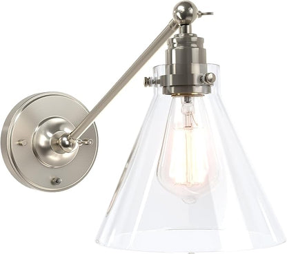 Industrial Vintage Slope Pole Wall Mount Single Sconce with Funnel Flared Clear Glass Shade, Swing Arm Wall Sconce Light Lamp Fixture Hardwired