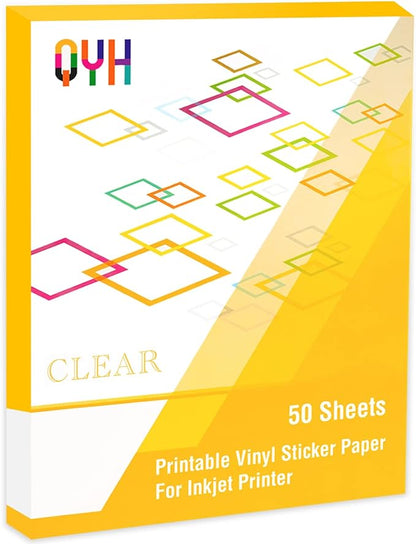 QYH Printable Vinyl Sticker Paper for Inkjet Printer Clear Labels 50 Sheets Transparent Quickly Dry Non Waterproof Transparency Glossy 8.5 x 11 Decal Paper Tear & Scratch Resistant