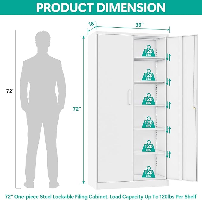 Wide & Deep Metal Storage Cabinet with 2 Doors and 5 Adjustable Shelves,White Locking Metal Cabinet,Large Garage Storage Cabinets,Lockable Tall Pantry Cabinets for Home,Office,Garage,Shop 72x36x18