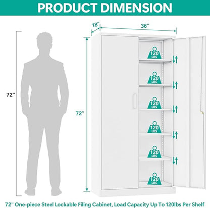 Wide & Deep Metal Storage Cabinet with 2 Doors and 5 Adjustable Shelves,White Locking Metal Cabinet,Large Garage Storage Cabinets,Lockable Tall Pantry Cabinets for Home,Office,Garage,Shop 72x36x18