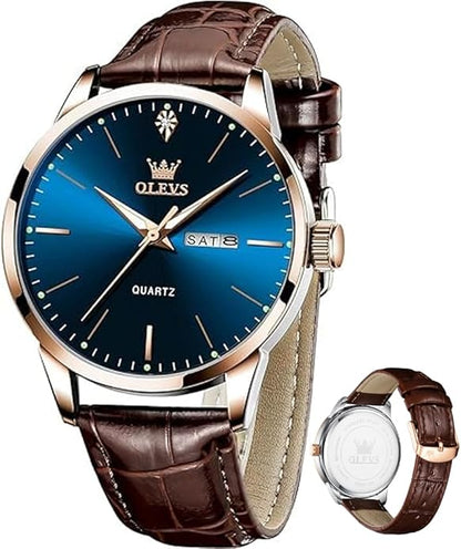OLEVS Mens Watches Vintage Leather Band Dress Classic Easy Reader Arabic Numerals Analog Quartz Waterproof Date and Day Blue/Black/White Large Face Men's Wrist Watches