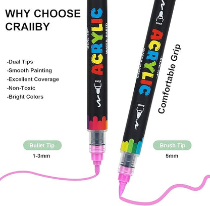 5 Colors Dual Tip Acrylic Paint Markers, Water-Based Permanent Acrylic Pens with Fine & Brush Tip for Rock Painting, Canvas, Glass, Wood, Ceramic, Fabric