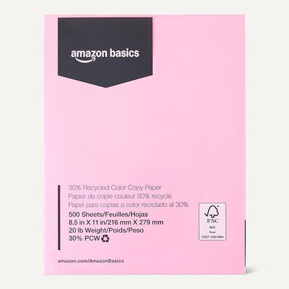 Amazon Basics 30% Recycled Color Copy Paper, 8.5" x 11", 20lb, 500 Sheets, Pastel Pink