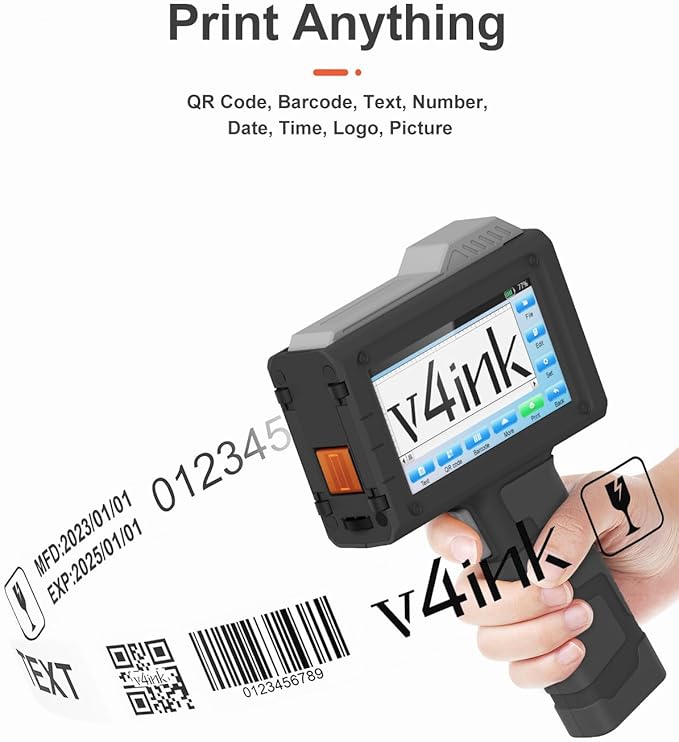 v4ink BT-HH6205BL Handheld Inkjet Printer with Photoelectric Sensor, Variable Data Printing, 16H Runtime, 0.5in Print Height, Print Text Number Barcode QR-Code Image on Any Surfaces