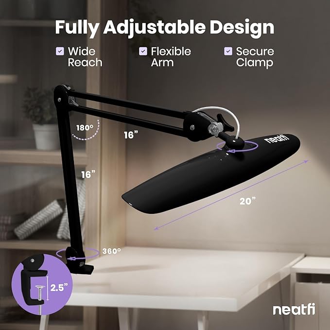 Neatfi XL LED Desk Lamp with Clamp, 2200 Lumens, 24W, 20-Inch Wide Head, Dimmable 4 Brightness Levels, Task Light for Home Office, Crafts, Workbench (Non-CCT, Black)