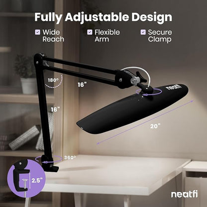 Neatfi XL LED Desk Lamp with Clamp, 2200 Lumens, 20W, 20-Inch Wide Head, Dimmable 4 Brightness Levels, 3 Color Modes 3000K–6000K, Task Light for Home Office, Crafts, Workbench (CCT, Black)