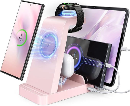5 in 1 Wireless Charger for Samsung, Wireless Charging Station for Multiple Devices, Fast Charger Stand for Samsung Galaxy S25 Ultra S24 S23 S22 S20 Note 20 10 Z Fold 7 6 Galaxy Watch 7 6 5 Buds, Pink