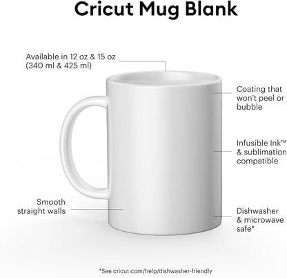 Cricut Blank Mug, Ceramic-Coated, Dishwasher & Microwave Safe, 15 Oz Sublimation Ready Mugs, Ideal for Crafts and Printing, 6 Count, White