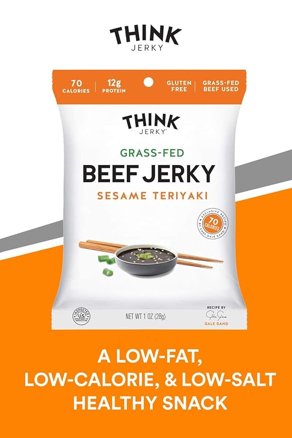 Think Jerky Sesame Teriyaki Beef Jerky, Grass-Fed High Protein Beef Jerky, Gluten Free, No Antibiotics or Nitrates, Healthy Chef Crafted Recipe, Low Calorie and Low Fat - 2.2 oz Bags, 8 Pack