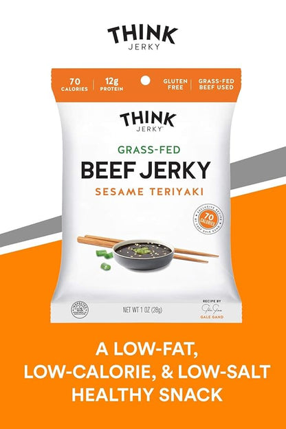 Think Jerky Sesame Teriyaki Beef Jerky, Grass-Fed High Protein Beef Jerky, Gluten Free, No Antibiotics or Nitrates, Healthy Chef Crafted Recipe, Low Calorie and Low Fat - 2.2 oz Bags, 8 Pack
