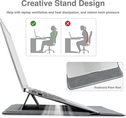 Allinside 13-14 Inch Laptop Sleeve Case for MacBook Pro 14" 2021-2024/MacBook Air 13" 2010-2017/MacBook Pro 13" 2010-2015, Waterproof PU Leather Sleeve Cover with Stand & Accessory Pouch, Gray